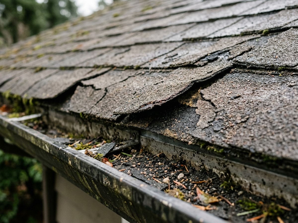 Close-up of curling, cracked, and granule-loss asphalt shingle damage on a Tigard, OR roof