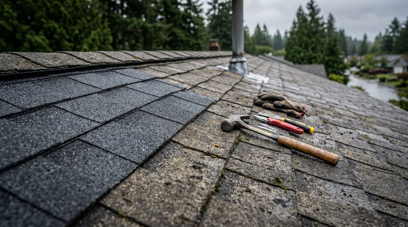 Asphalt shingle roof repair in progress on a Tigard, OR home