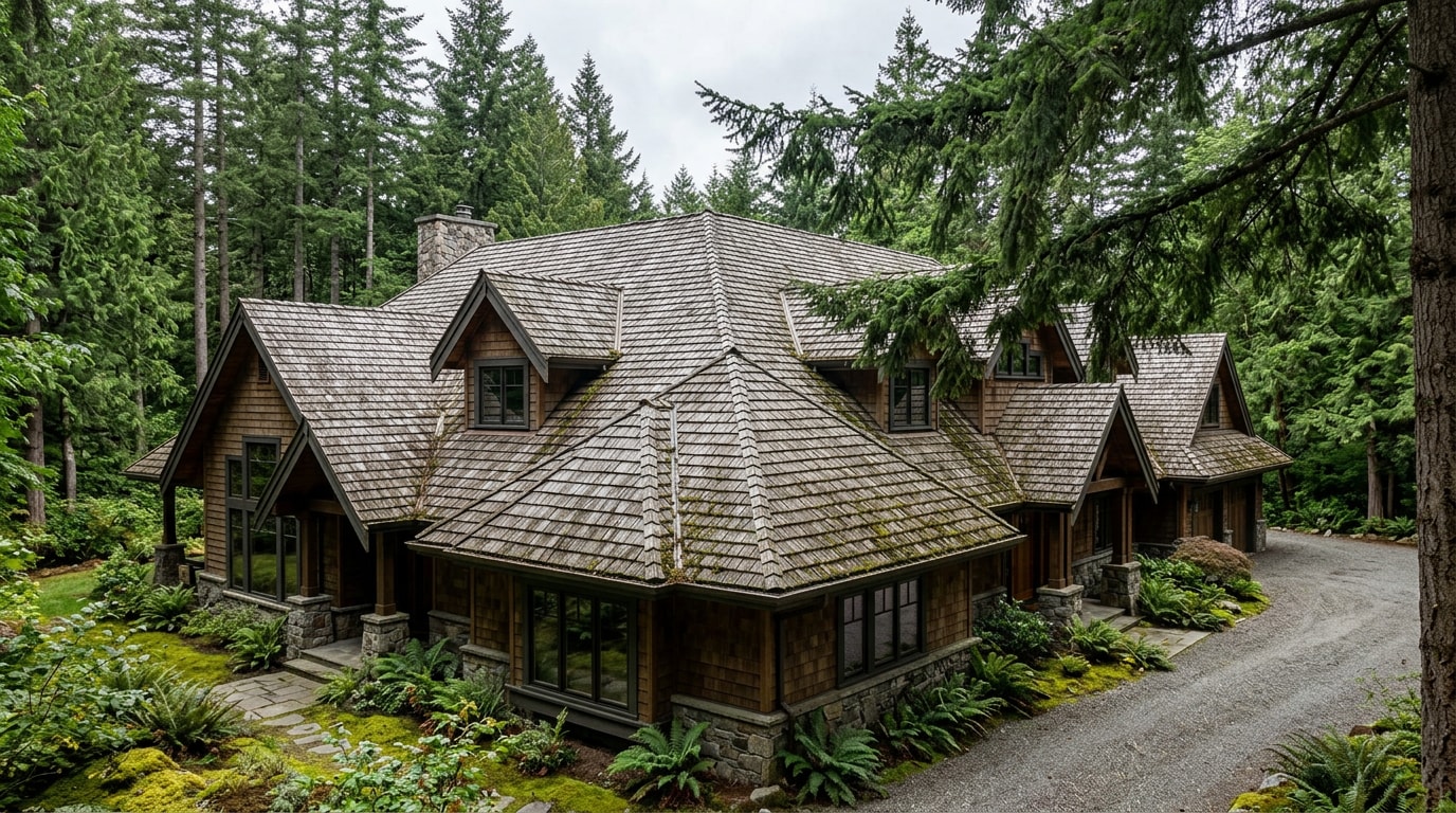 Cedar shake roof on a wooded Lake Oswego home with mature trees overhead