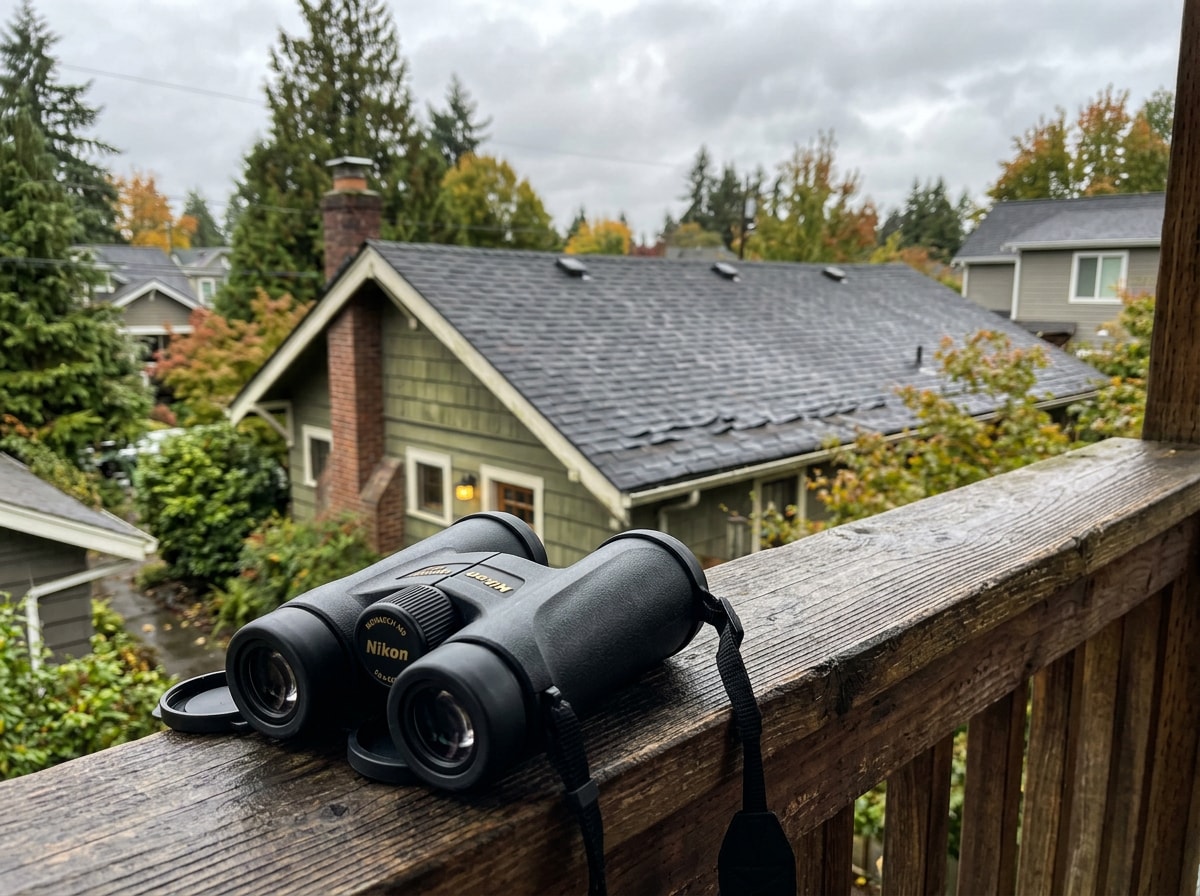 Homeowner using binoculars to inspect a roofline from the ground for missing shingles and granule loss