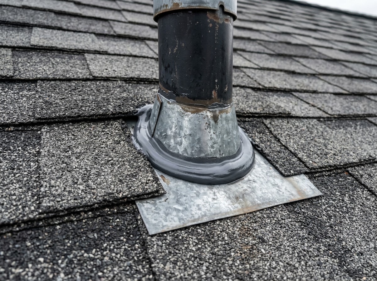 Close-up photo of a resealed flashing seam around a roof vent