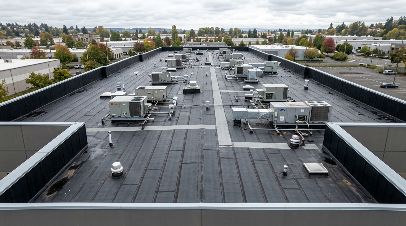 Commercial flat roof with EPDM rubber membrane installed in Vancouver, WA