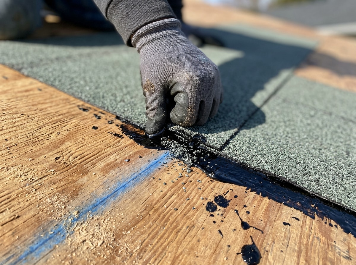 Process photo of a worker pressing the first course of roll roofing into wet cement along a chalk line