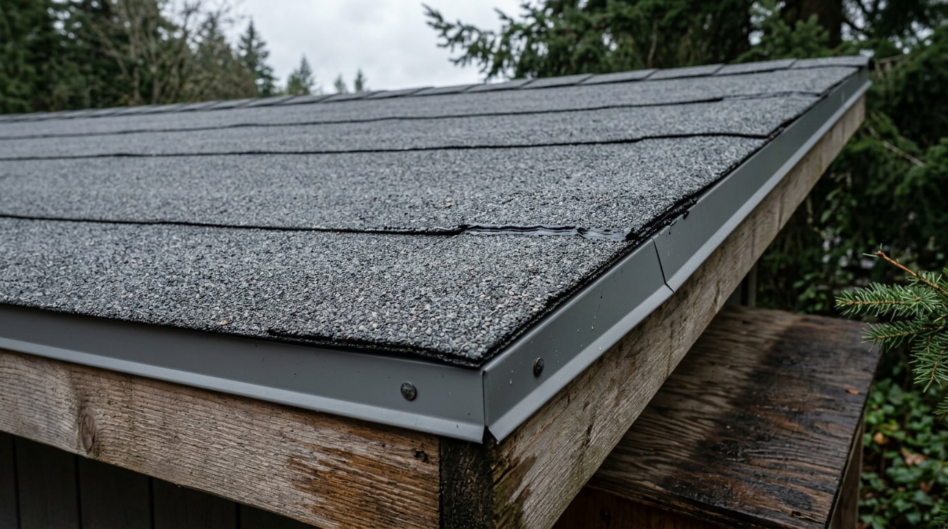 Finished roll roofing installation on a low-slope shed roof with metal drip edge Finished roll roofing installation on a low-slope shed roof with metal drip edge