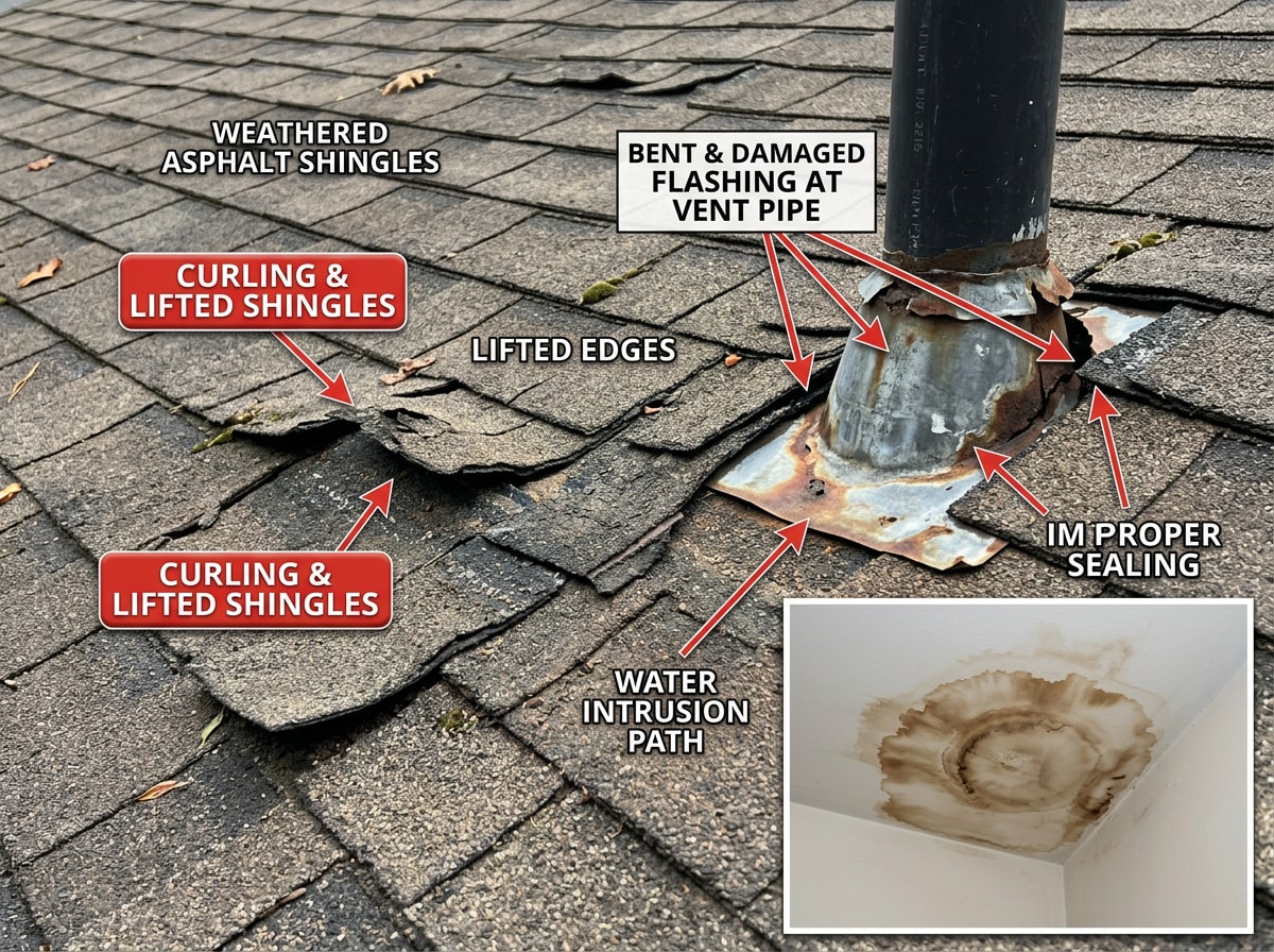 Annotated roof diagram showing missing shingles, bent flashing, and water stain damage points