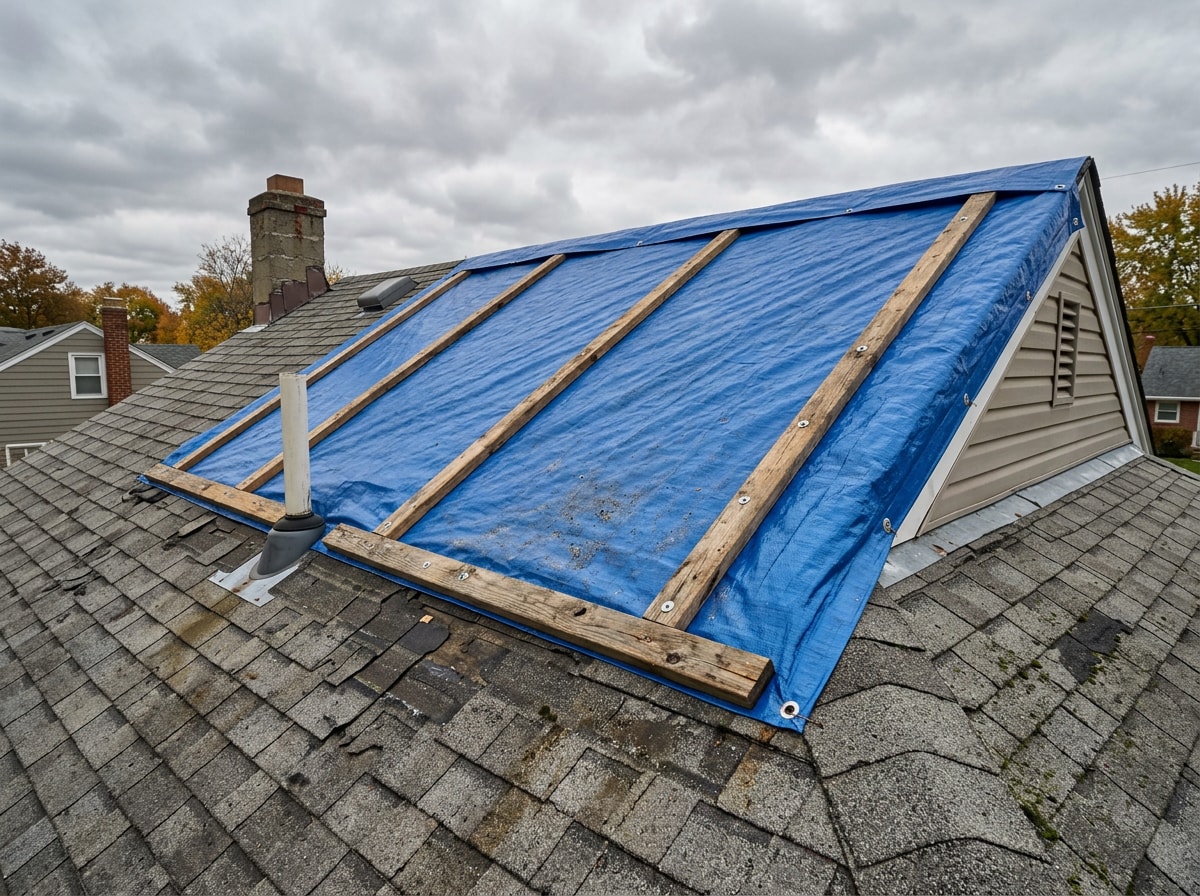 Properly secured roof tarp with anchored edges over storm-damaged shingles