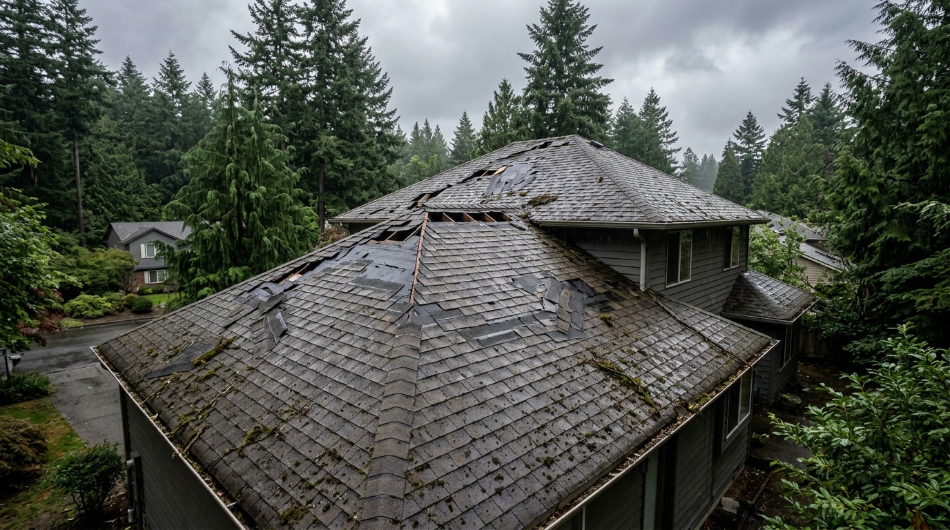 Storm-damaged asphalt shingle roof missing shingles exposing underlayment in Portland, Oregon