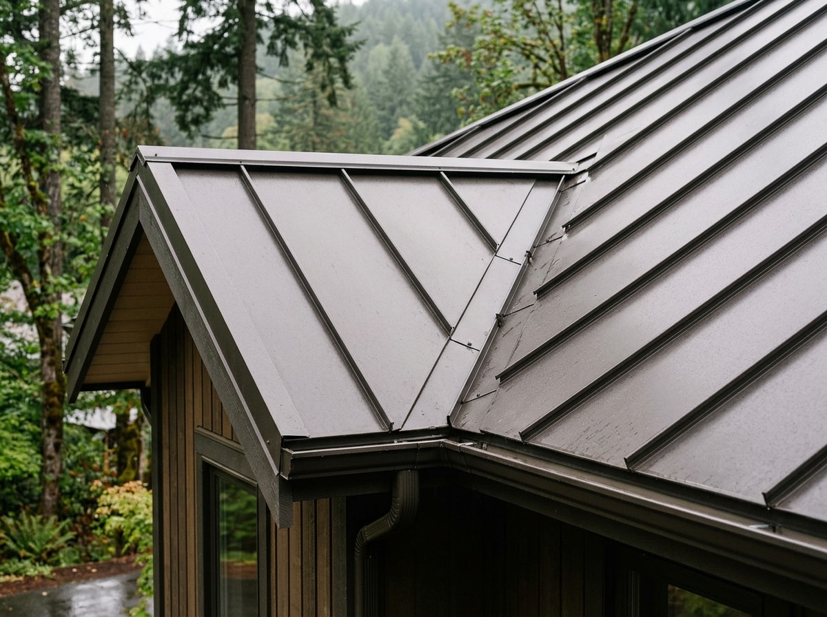 Standing seam metal roof installed on a McMinnville, OR home with a dark fade-resistant finish