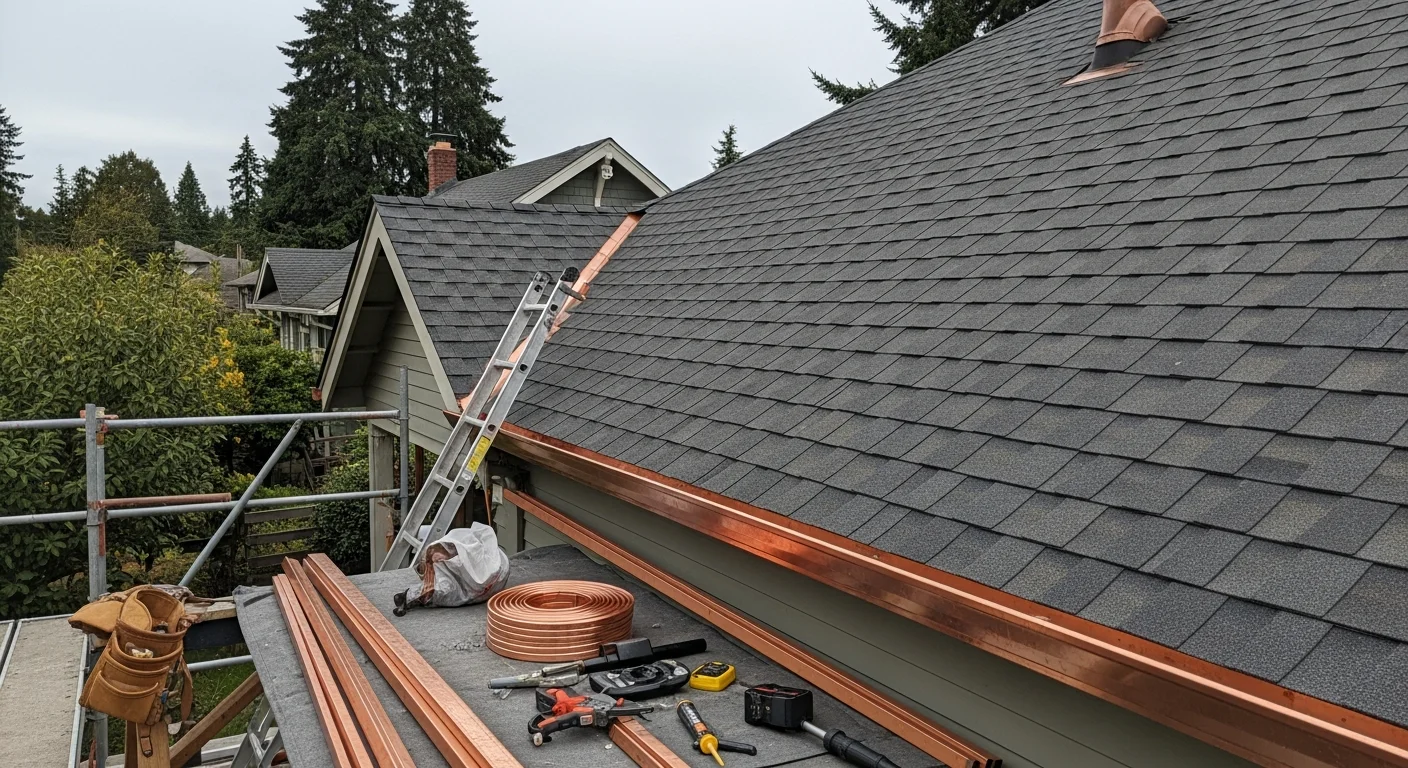 Professional roofer installing new roof shingles on residential home
