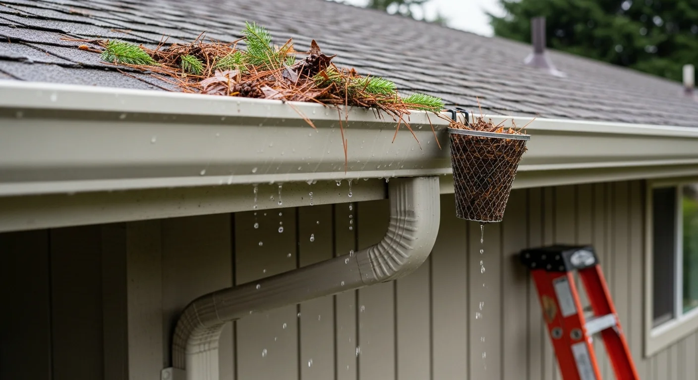 A gutter technician removing packed leaf and needle debris from a residential gutter on a single-family home in Beaverton, Oregon. The downspout and gutter channel are visible against a wet Pacific Northwest roofline.