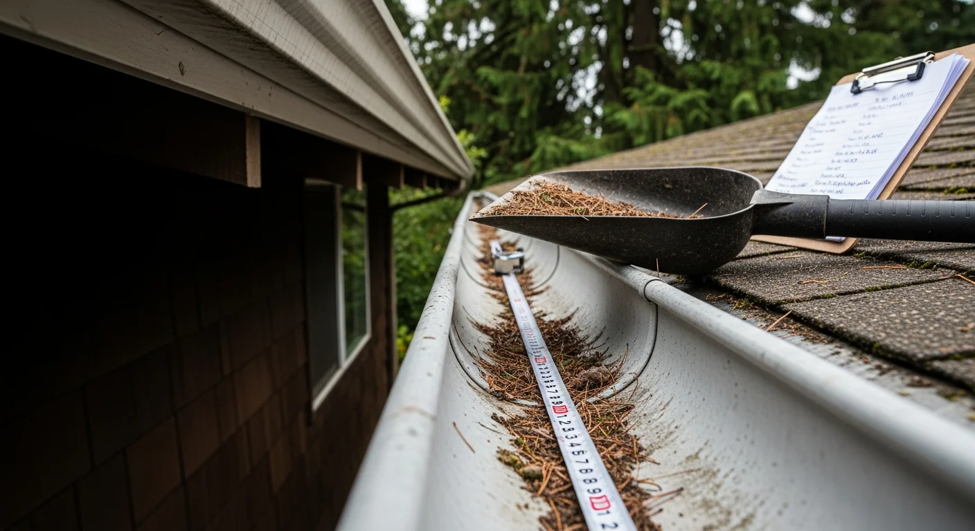 A gutter inspector examining the fascia and downspout connection on a single-family home in Beaverton, Oregon. The roofline shows debris accumulation typical of homes under mature Douglas fir tree canopy.