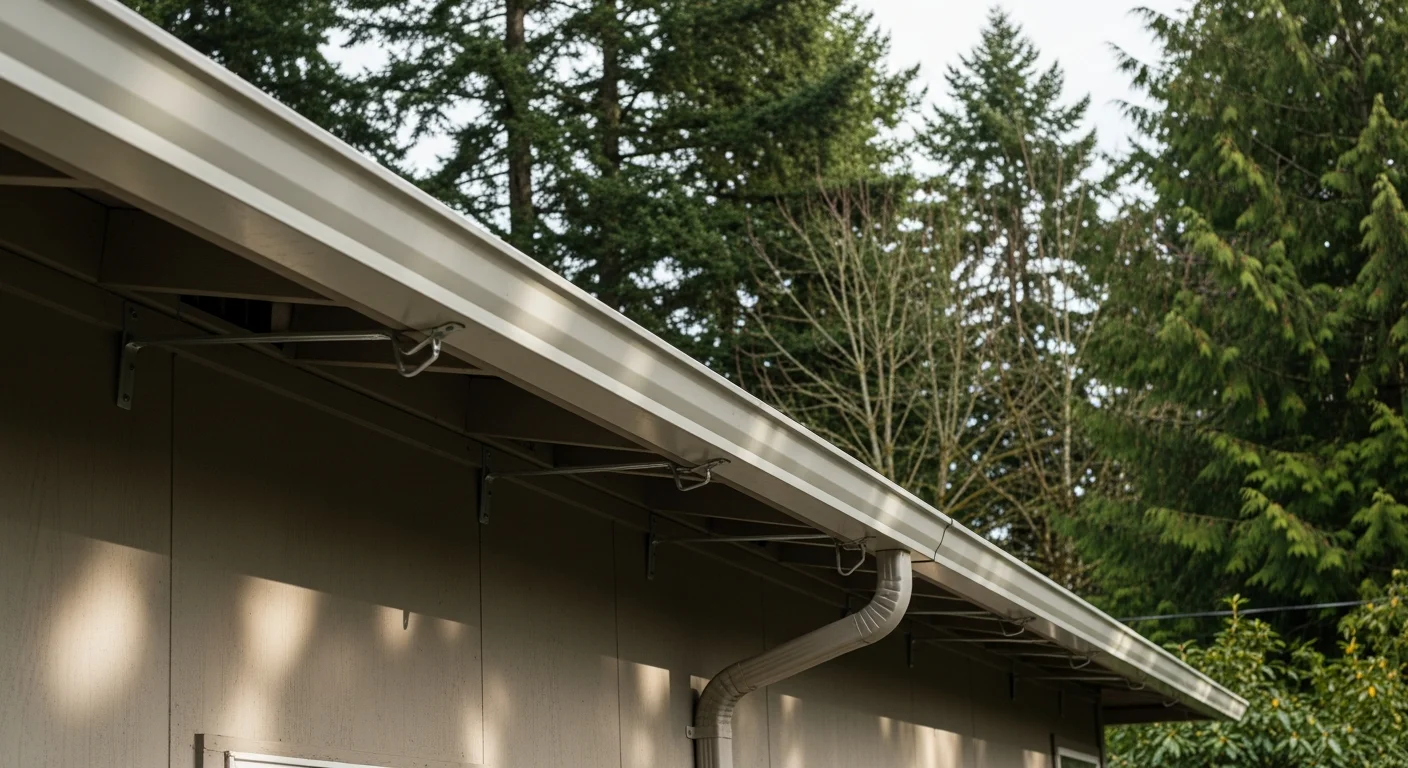 Newly installed seamless gutters on a single-family home in Beaverton, Oregon, with clean downspouts positioned away from the foundation. The roofline shows fresh gutter runs replacing a previously sagging and rusted system.