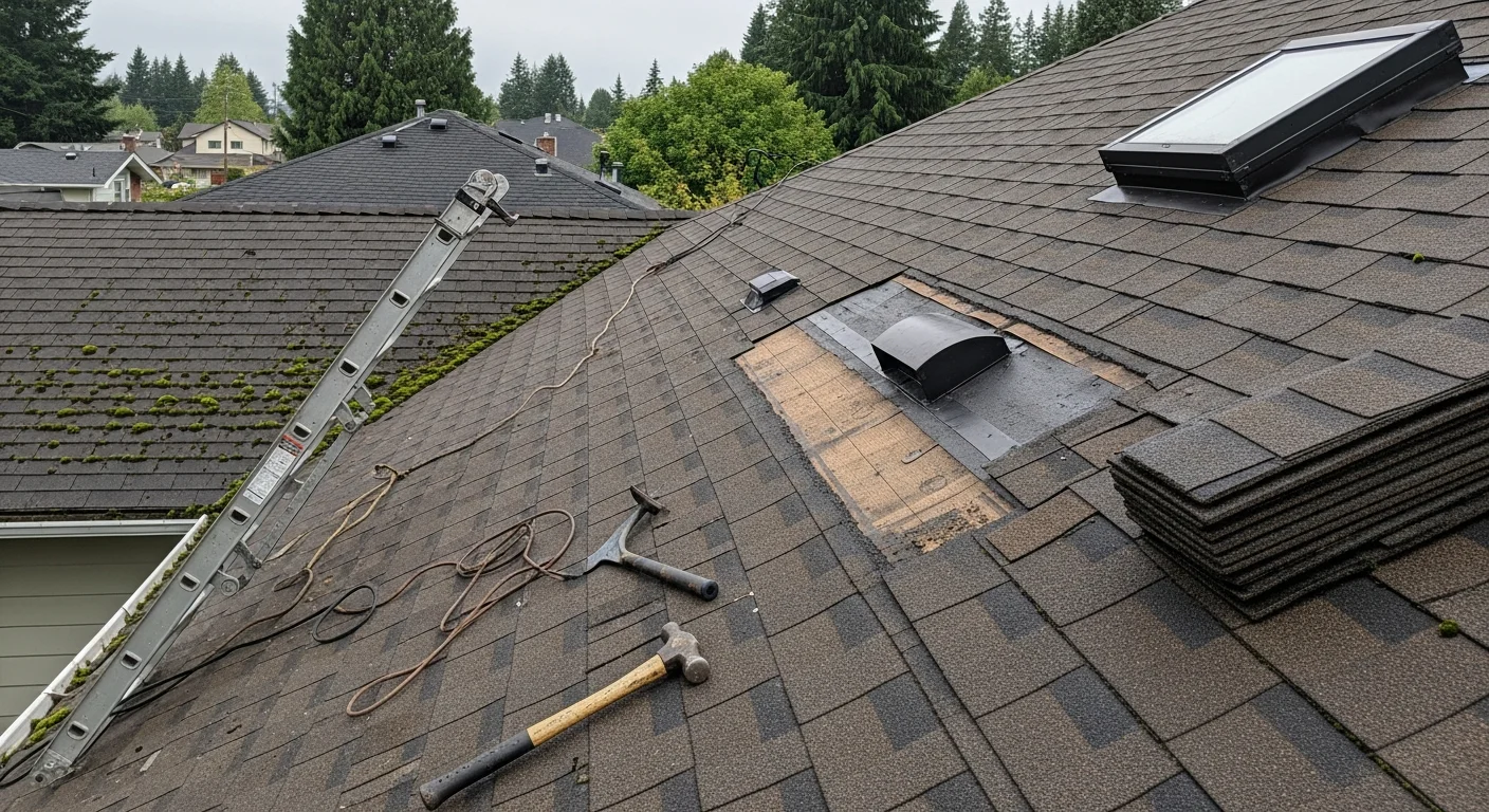 A roofing contractor repairing damaged shingles and flashing on a residential home in Beaverton, Oregon. The repair area shows replaced shingles and resealed roof edges on a wet-climate Pacific Northwest home.