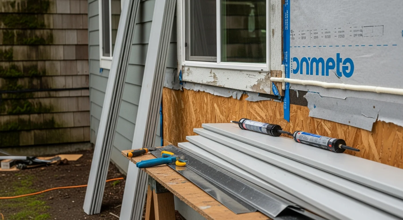 A Beaverton home exterior showing freshly repaired siding panels with clean trim and sealed edges along the front wall. The repaired section sits flush with the surrounding siding, with no visible gaps or soft spots.