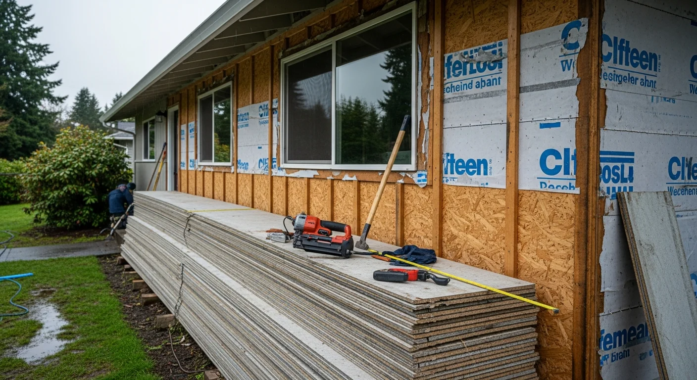 Freshly replaced exterior siding on a single-story Beaverton home, showing clean panel lines, sealed corner trim, and a new weather-resistant barrier visible at the wall edge. The completed exterior contrasts with the Pacific Northwest tree line in the background.